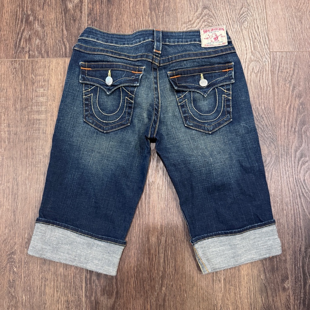 True Religion Sophie Dark Wash Cuffed Burmuda Shorts